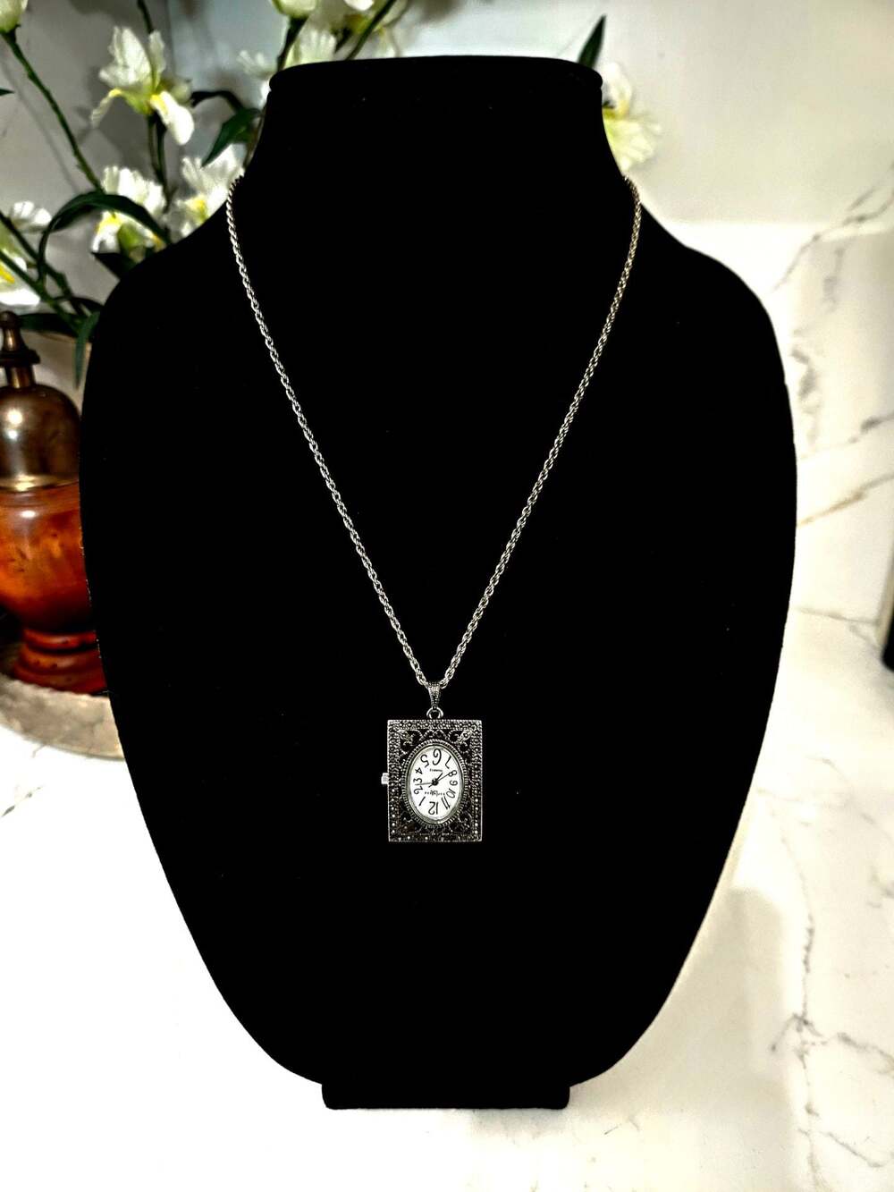 EXPRESS Quartz Pendant Necklace Watch in Antique Silver Tone Filigree